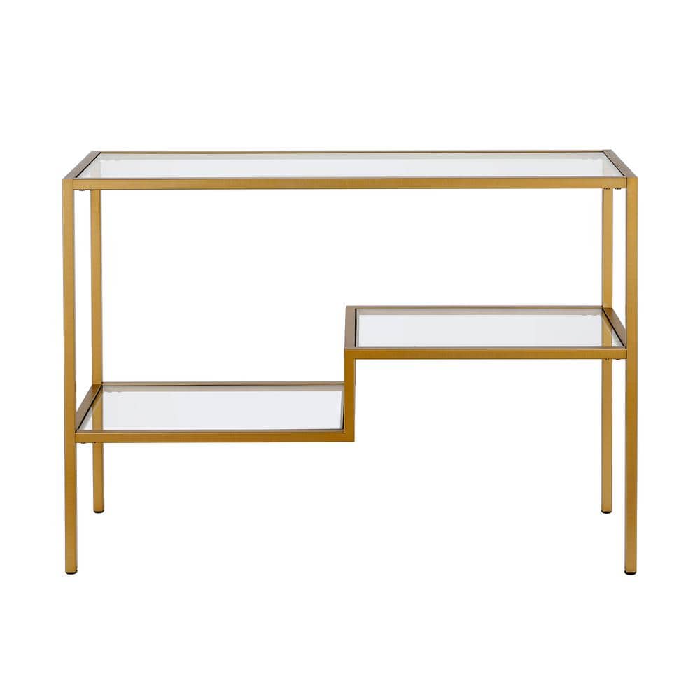 Brass and Glass Console Table with Storage Shelves