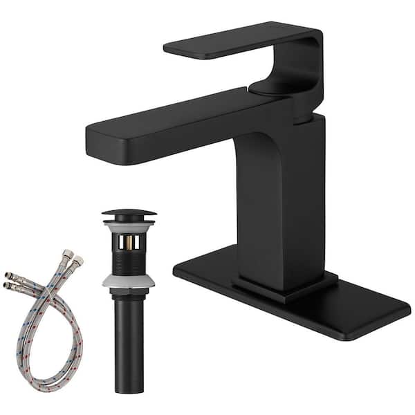 Fapully Single Handle Single Hole Bathroom Faucet with Deckplate and Drain Included, Lever Handle Bathroom Faucet in Matte Black