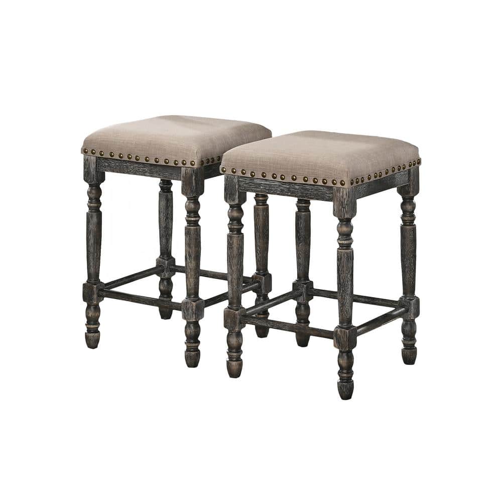 Eva 26" Gray Wood Backless Counter Stools with Nailhead Trim, Set of 2