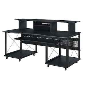 Megara 30 in. Rectangular Black Finish Metal Computer Desk with Keyboard Tray, Shelves and Casters
