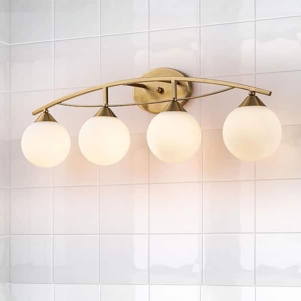 Lucie 33.46 in. 4-Light Brass Bathroom Vanity Light with Opal Glass Shades