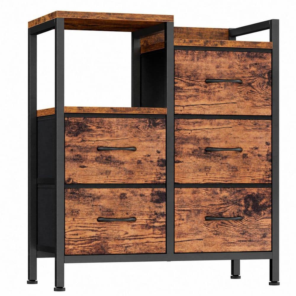 5 Drawer Rustic Brown Dresser with 2 Tier Shelf Storage Small Fabric Dresser Metal Frame Modern Storage Cabinet price history on PriceWatchPro