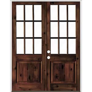 72 in. x 96 in. Craftsman Knotty Alder Wood Clear 9-Lite Red Mahogony Stain Right Active Double Prehung Front Door