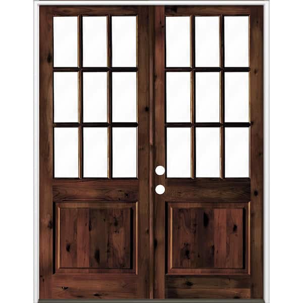 72 in. x 96 in. Craftsman Knotty Alder Wood Clear 9-Lite Red Mahogony Stain Right Active Double Prehung Front Door