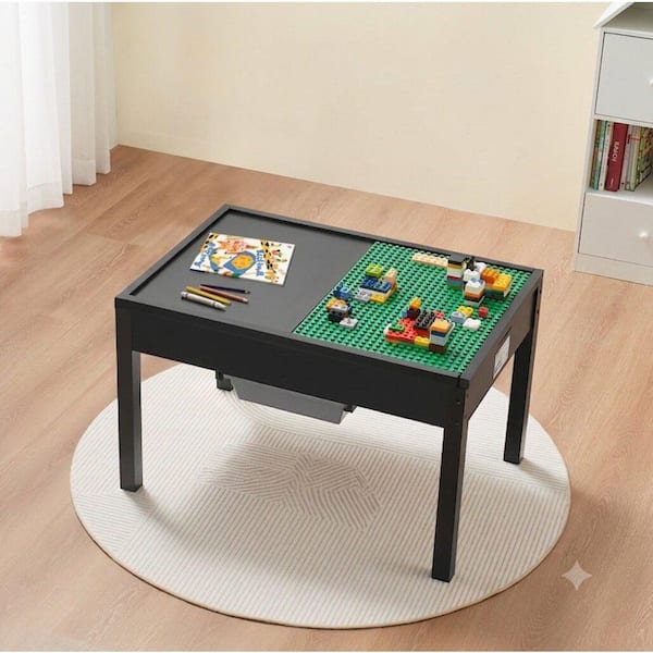 Cendrix Black Wood Kids Activity Table for Seats 4 with Double-Sided Block Tabletop and Storage Bins