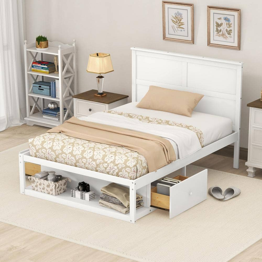 Harper & Bright Designs White Wood Frame Full Size Platform Bed with 2 ...