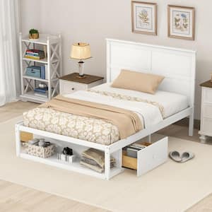 White Wood Frame Full Size Platform Bed with 2 Built-in Drawers and Big Shelf at the End of the Bed