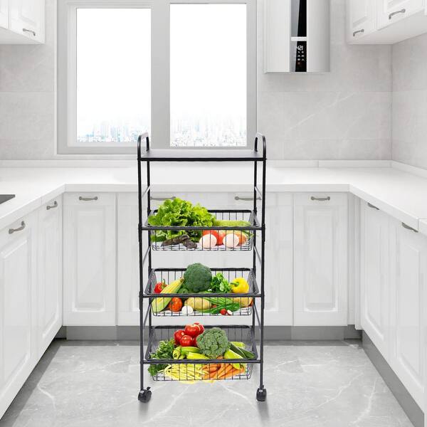 4 Tier White Metal Wire Basket Shelf Rolling Storage Cart Kitchen