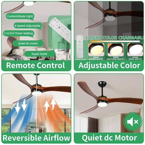 60 in. Indoor Brown Modern Ceiling Fan with LED Light with Remote Included, Downrod Mount
