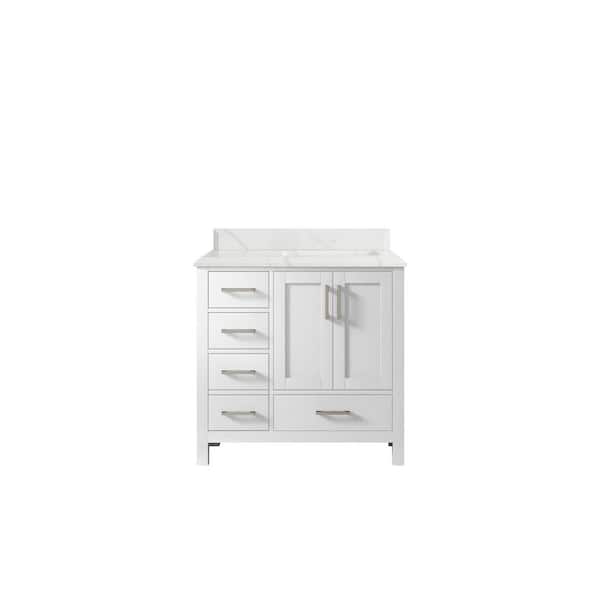 Willow Collections Malibu 36 in. W x 22 in. D x 36 in. H Right Offset Sink Bath Vanity in White with Cove Edge Calacatta Quartz Top