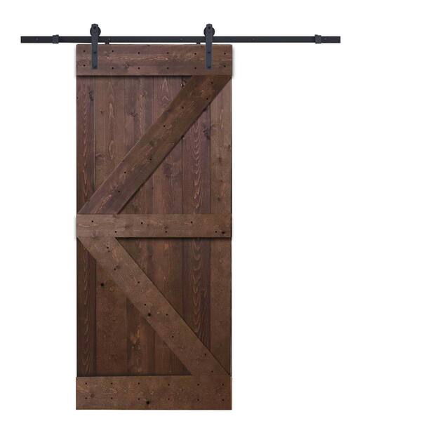 CALHOME 36 in. x 84 in. K-Style Knotty Pine Wood Sliding Barn Door with ...