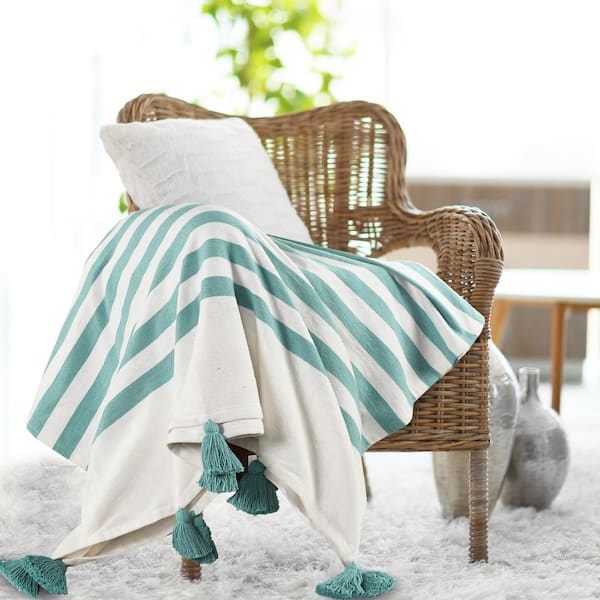 Bay Aqua Blue Hand-Woven Striped Coastal All Natural Cotton Throw