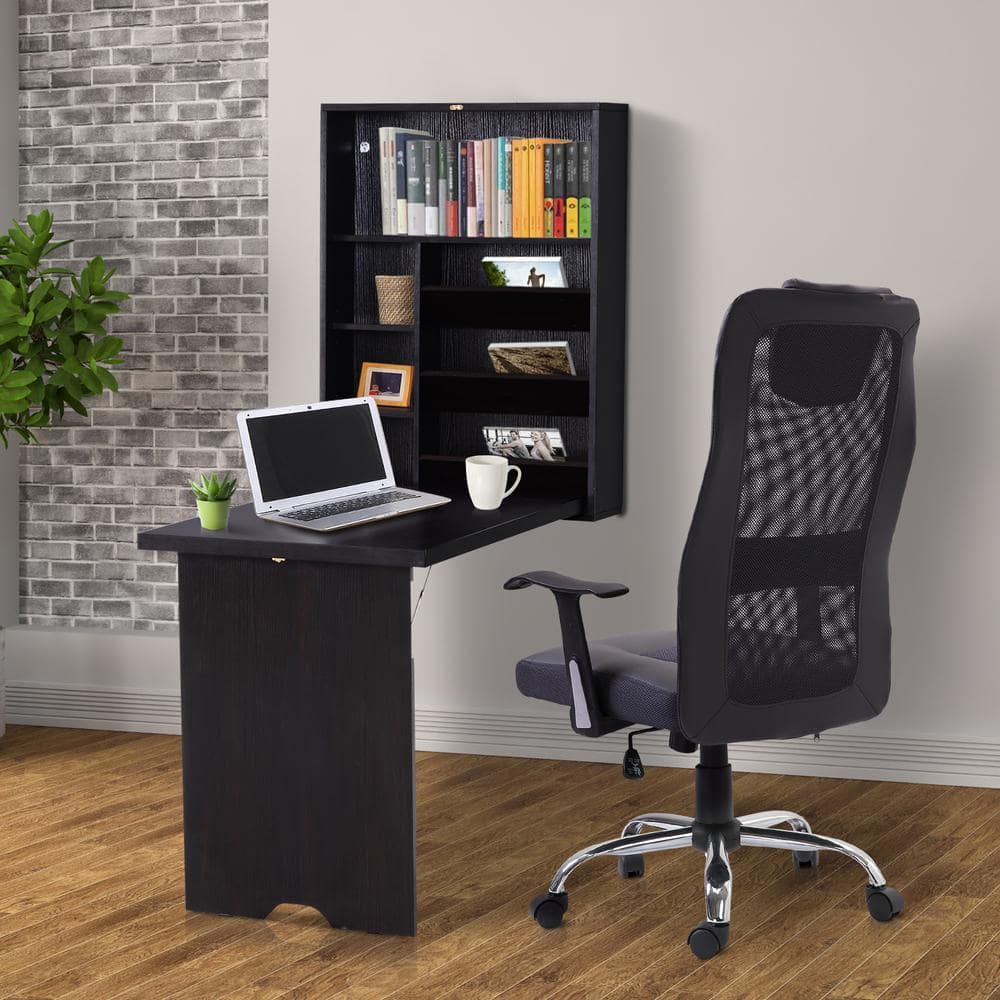 Espresso Brown Foldable Wall Mounted Writing Desk with Storage