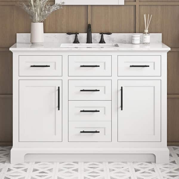 Doveton 48 in. Single Sink Freestanding White Bath Vanity with White Engineered Marble Top (Assembled)