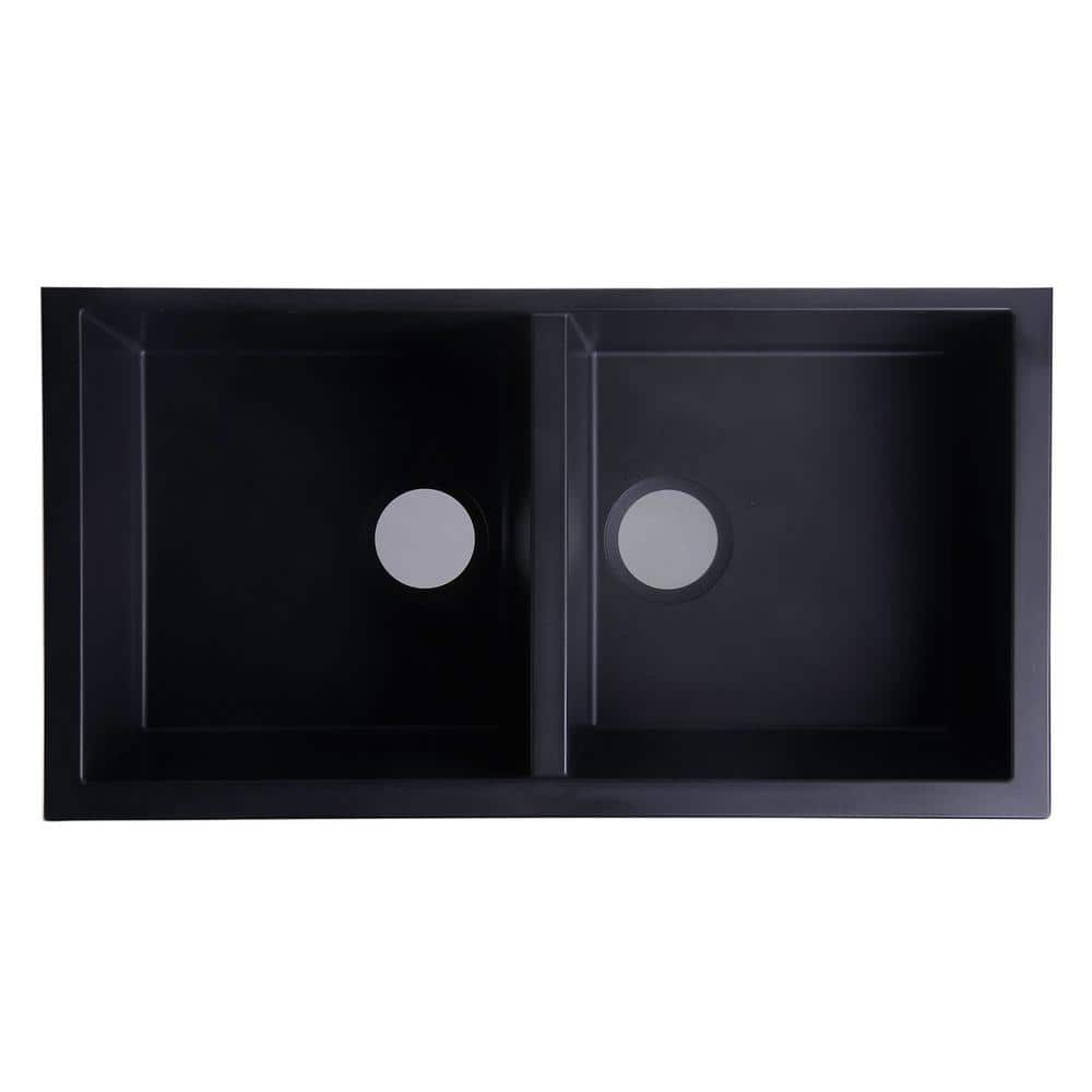 34'' Black Granite Double Bowl Drop-In Kitchen Sink