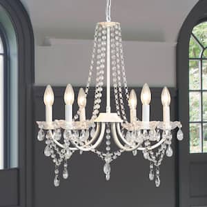 Ellie 6-Light White Traditional Candle Style Crystal Raindrop Chandelier for Bedroom Living Room Kitchen Island Foyer