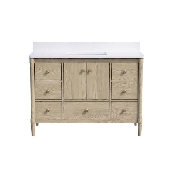 EVA 48 in. Oak Solid Wood Single Sink Bath Vanity with White Quartz Top, Soft-Close Doors, Assembled
