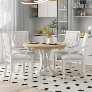 Farmhouse 5-piece Antique White Solid Wood Veneer Extendable Round Dining Set with 4-Upholstered Armchairs