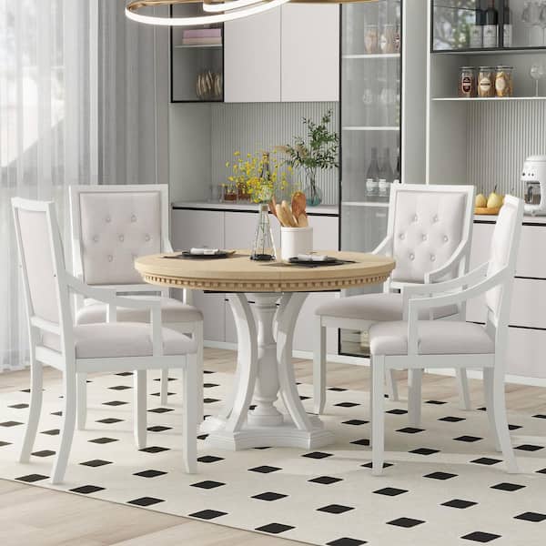 Harper & Bright Designs Farmhouse 5-piece Antique White Solid Wood Veneer Extendable Round Dining Set with 4-Upholstered Armchairs