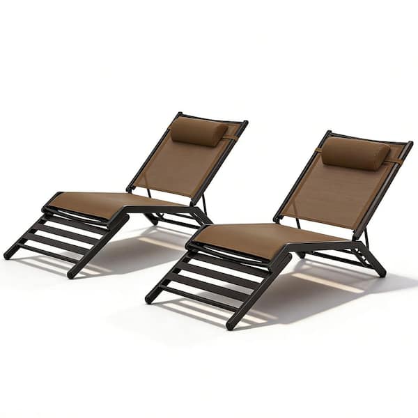 Brown Set of 2 Pool Lounge Chairs with Adjustable Patio Tanning Chair for Deck Lawn