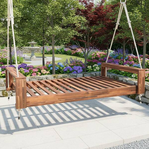 Natural 86 in. 2-Person Wood Porch Swing, Modern Twin Size Patio