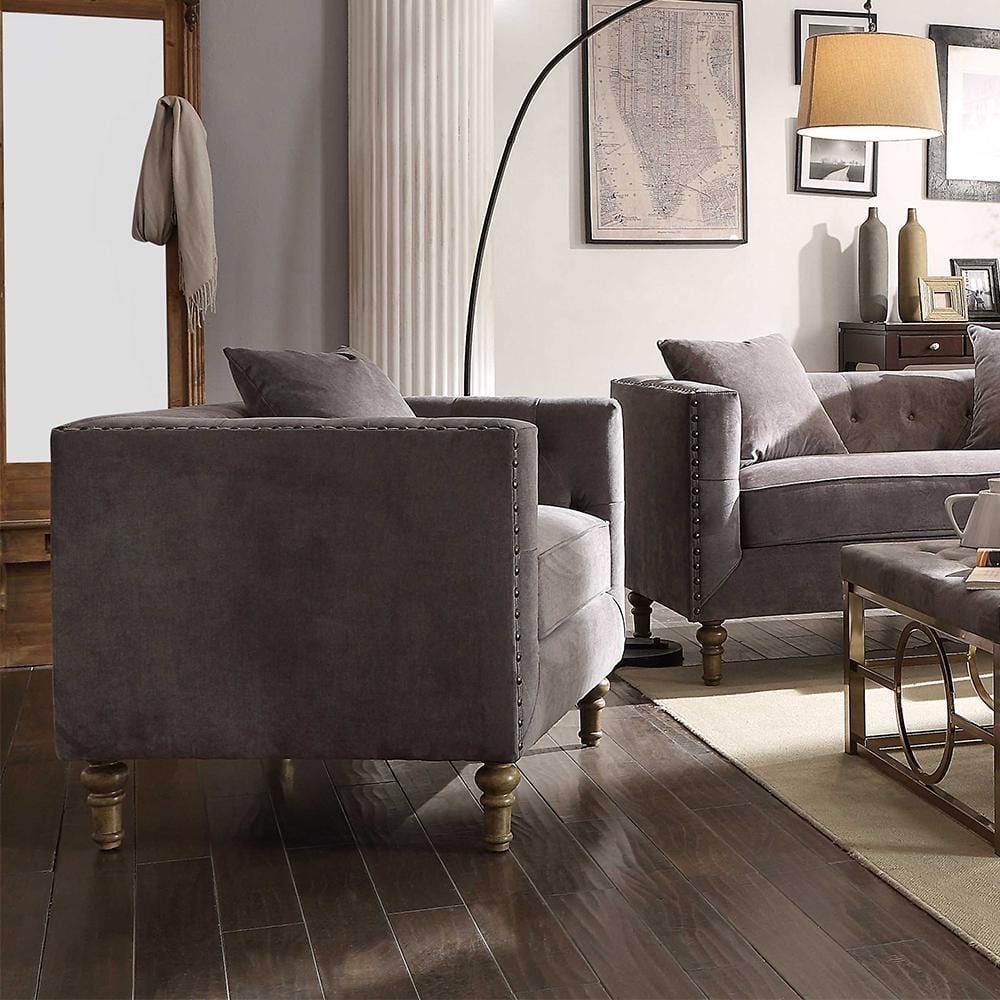 Gray Velvet Handcrafted Accent Chair with Wood Legs