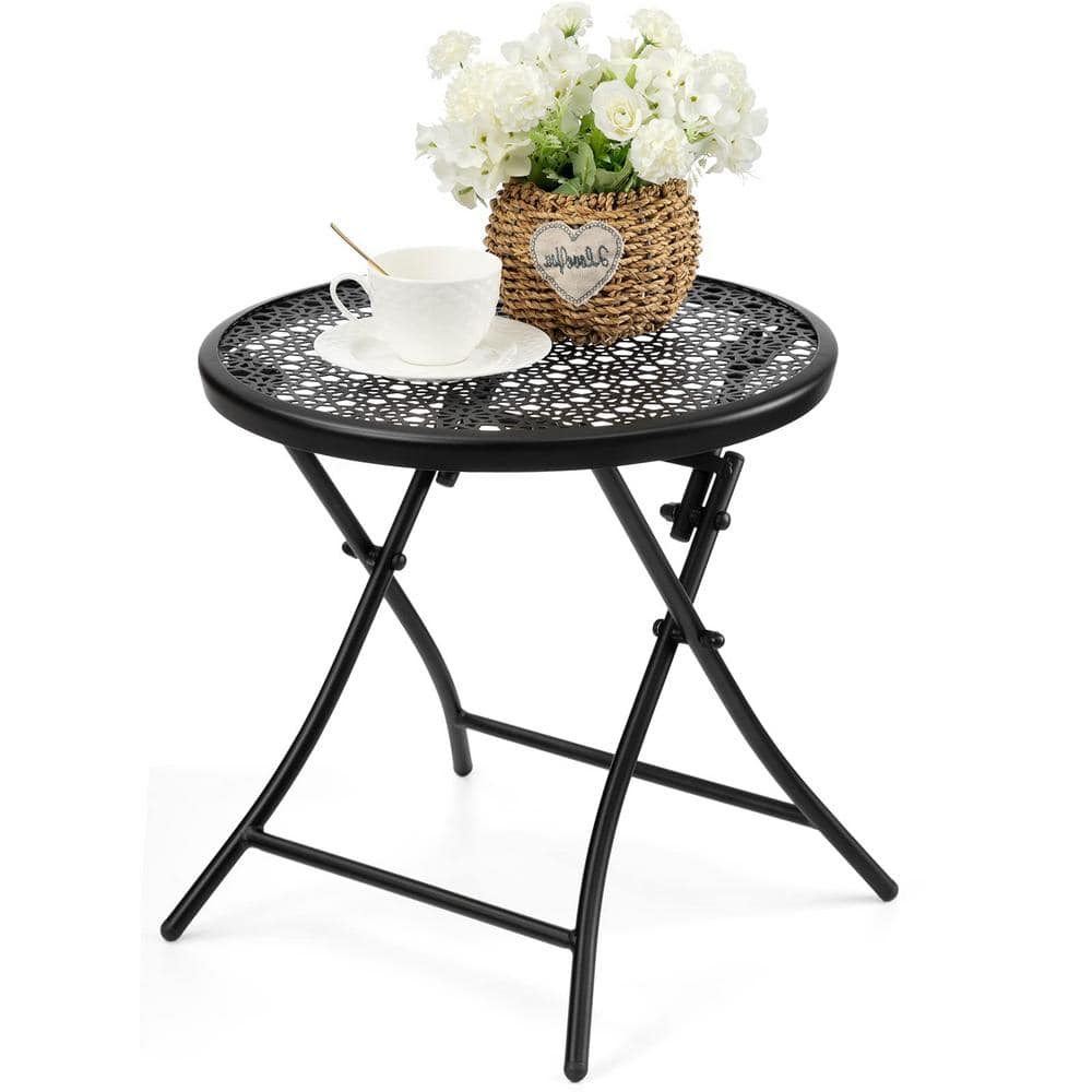 Black Round Steel Outdoor Side Table with Flower Cutouts