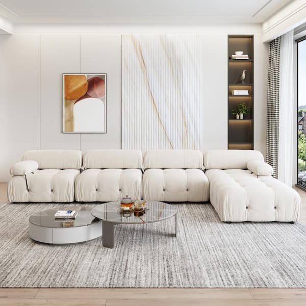 J&E Home 103.85 in. Square Arm 4-piece L Shaped Velvet Modular Free Combination Sectional Sofa with Ottoman in. Beige