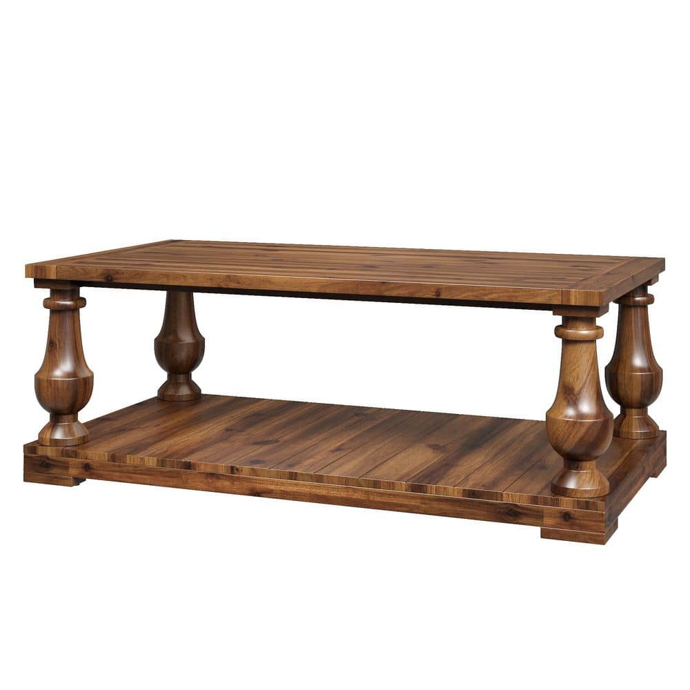 Vintage 42 in. Walnut Rectangle Pine Wood Top Coffee Table with Storage Shelf and Turned Legs
