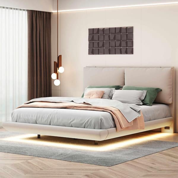 Beige Wood Frame Queen Size Platform Bed with Sensor Light and 2 Large Backrests, 2 sets of USB Port and Socket