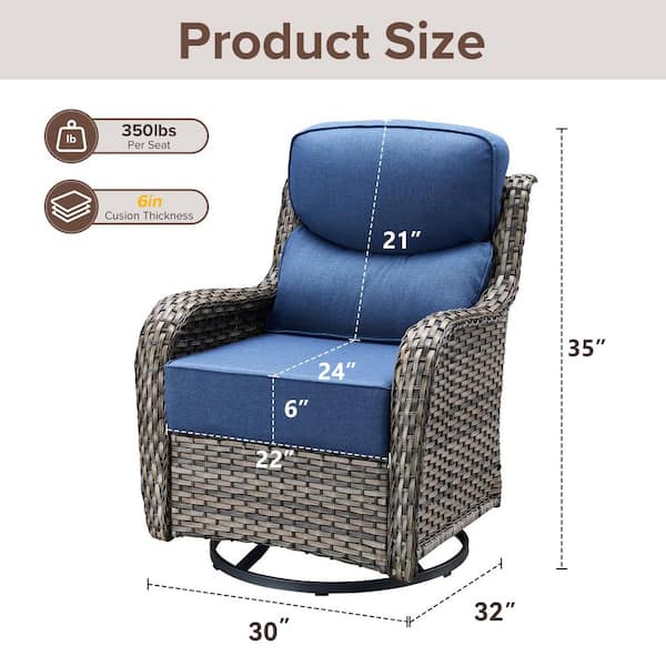 2-Piece Gray PE Wicker Paito Outdoor Rocking Chair Swivel with 6 in. Olefin Blue Cushions