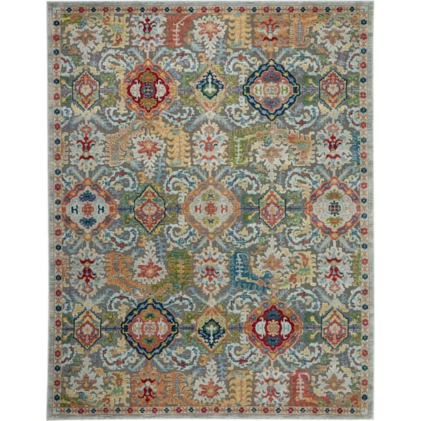 Nourison Global Vintage Grey/Multicolor 8 ft. x 10 ft. Border Tradtional Area Rug