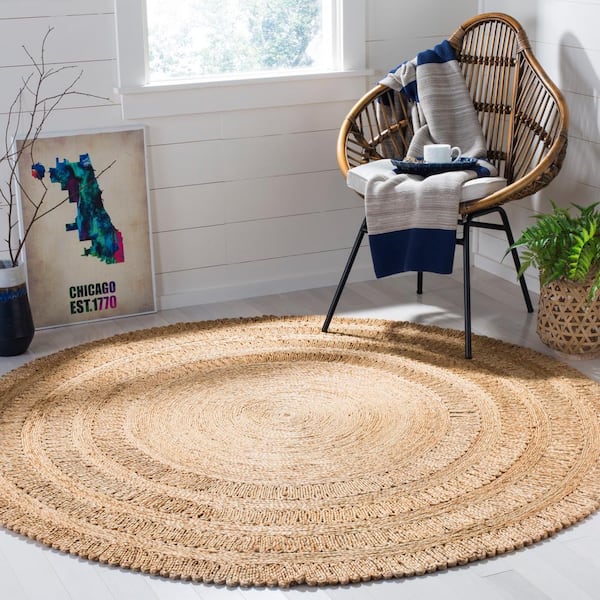 Natural Fiber Beige 8 ft. x 8 ft. Round Border Area Rug