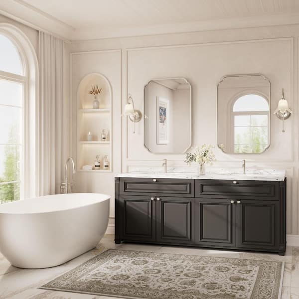 24 in. W x 36 in. H Scalloped Framed Wall Bathroom Vanity Mirror in Brushed Nickel
