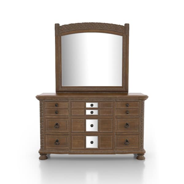Furniture of America Nevva 9-Drawer Rustic Natural Tone Dresser with Mirror (82 in. H x 66 in. W x 18.5 in. D)