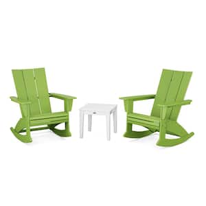 Modern Curveback Adirondack Rocking Chair Lime/White 3-Piece HDPE Plastic Patio Conversation Set