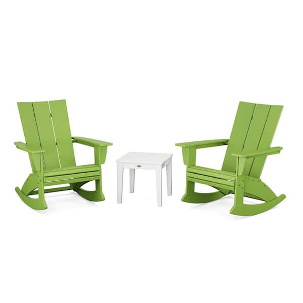 POLYWOOD Modern Curveback Adirondack Rocking Chair Lime/White 3-Piece HDPE Plastic Patio Conversation Set