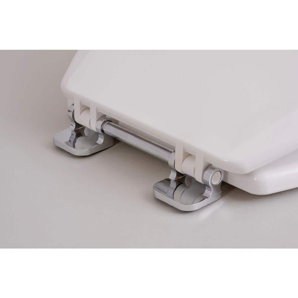 Elongated White Molded Wood Toilet Seat with Chrome Hinges