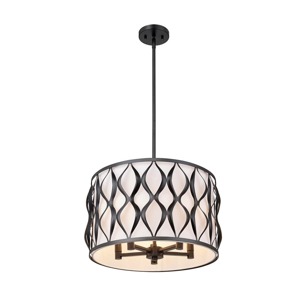 Harden Matte Black Steel Drum Pendant Light with White Fabric Shade