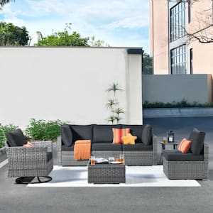Hippish Gray 7-Piece Wicker Outdoor Patio Conversation Set with Black Cushions and Swivel Rocking Chairs