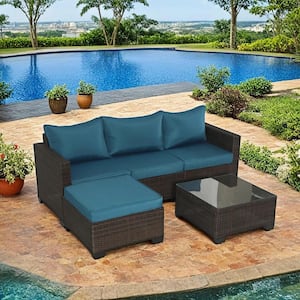 Modern 5-Piece Brown Wicker Patio Conversation Set with Peacock blue Cushions