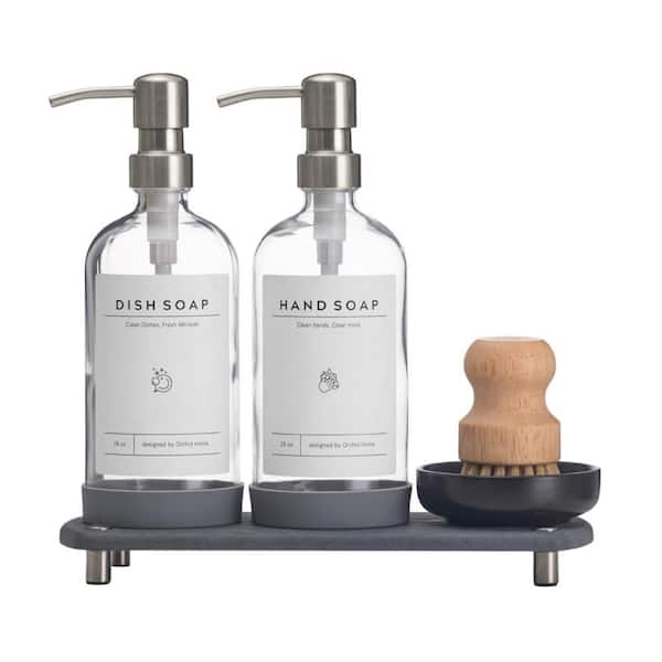 16 oz. Kitchen Soap Dispenser Set with Clear Glass Bottle, Stainless Steel Pump, Waterproof Labels, Silicone Pad, Silver
