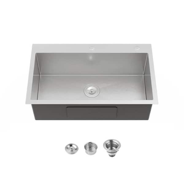 32 in. Drop-In Single Bowl 20 Gauge Silver Stainless Steel Kitchen Sink with Drain and Hook