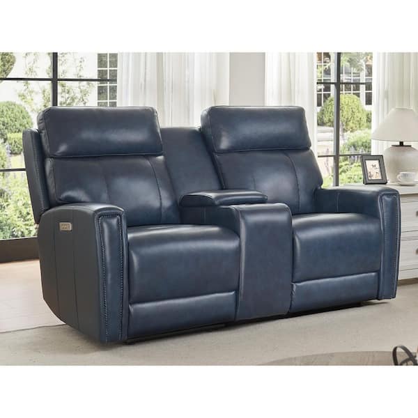 Eve 71 in. 2-Seat Genuine Leather Dual Power Reclining Console Loveseat, Power Headrest, USB/TypeC Ports in Blue