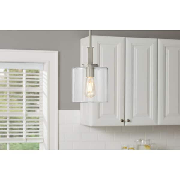 Hampton Bay Kendall Manor 1-Light Brushed Nickel Mini Pendant Hanging Light, Kitchen Pendant Lighting with Clear Glass Shade