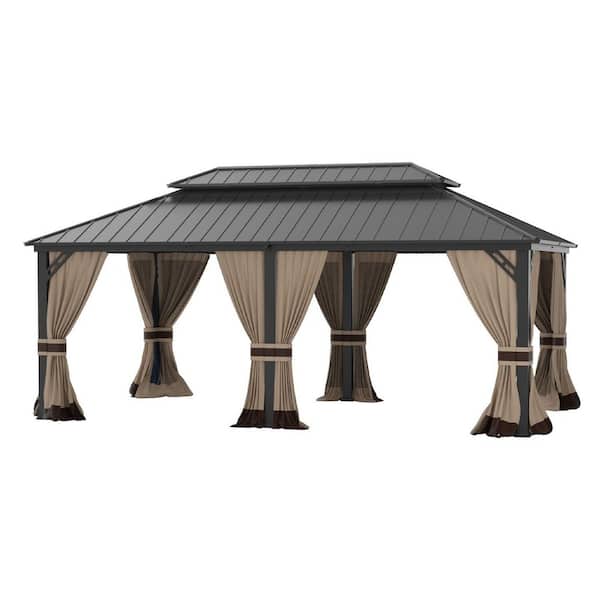 12 ft. x 20 ft. Sand Metal Hardtop Gazebo with Double Roof Pergola, Netting and Curtain Sand, Garden, Patio