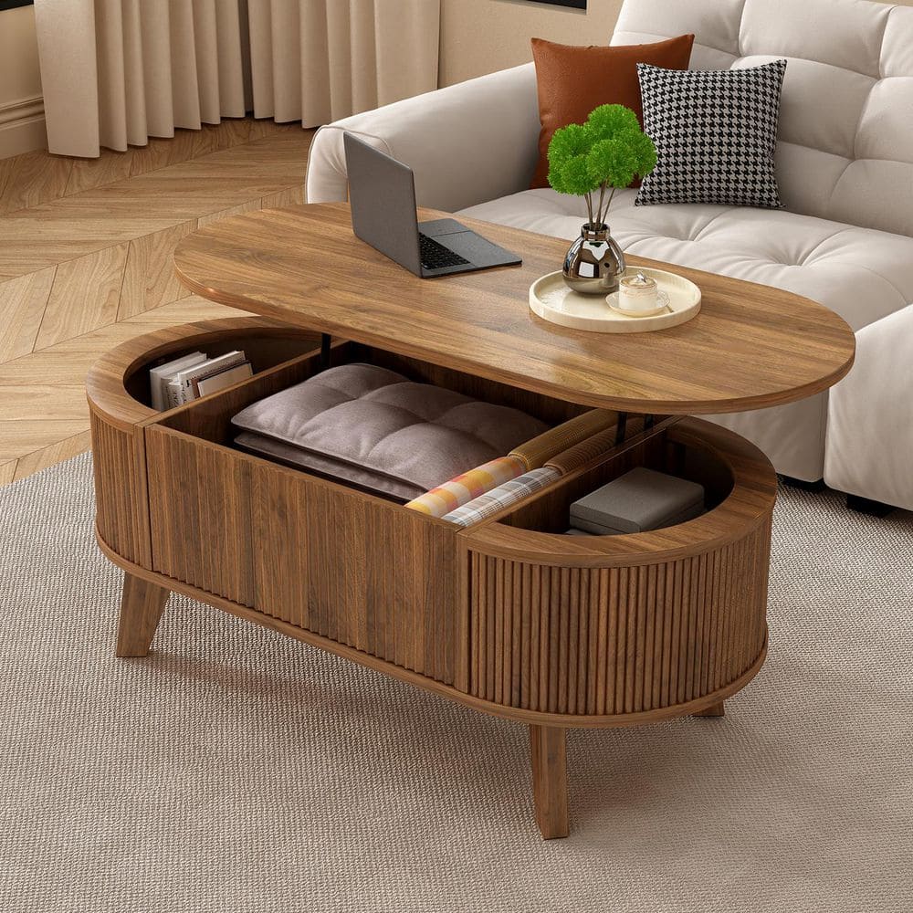 Modern 38.6 in. Walnut Finish Oval Wood MDF Fluted Coffee Table with Lift Top and Hidden Storage price history on PriceWatchPro