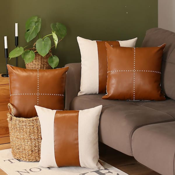 Mecatny Boho Throw Pillows 18x18 Set of 2 - Farmhouse Decorative Throw  Pillows with Inserts Included - Brown Faux Leather Modern Stripe Patchwork