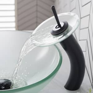 Single Handle Waterfall Bathroom Vessel Sink Faucet in Oil Rubbed Bronze with Frosted Glass Disk