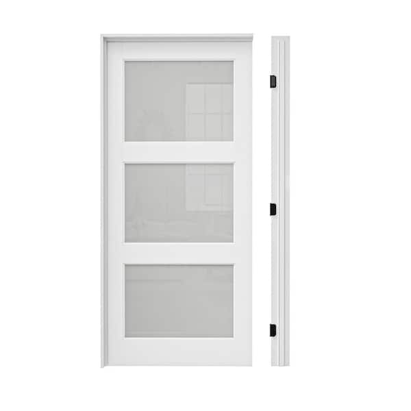 36 in. x 80 in. 3-Lite Frosted Glass Right Hand White Solid Core Glass Single Prehung Interior Door+ Quick Assemble Jamb